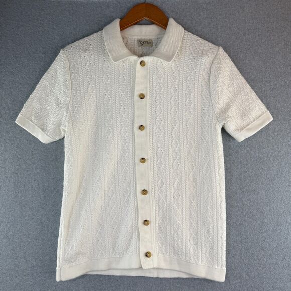 J.Crew Short-Sleeve Heritage Cotton Pointelle-Stitch Sweater Polo Ivory Men's S - Picture 1 of 6